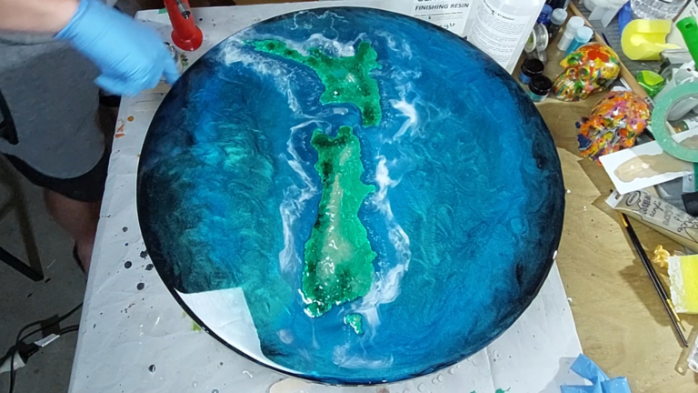 Vivid Resin Ocean Art with Glossy Flood Coat: Stunning Waves and Deep Sea Colors